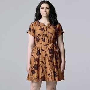 NWT Simply Vera Wang Small Brown Floral A-Line Dress w/ Fabric Tie Belt Pockets